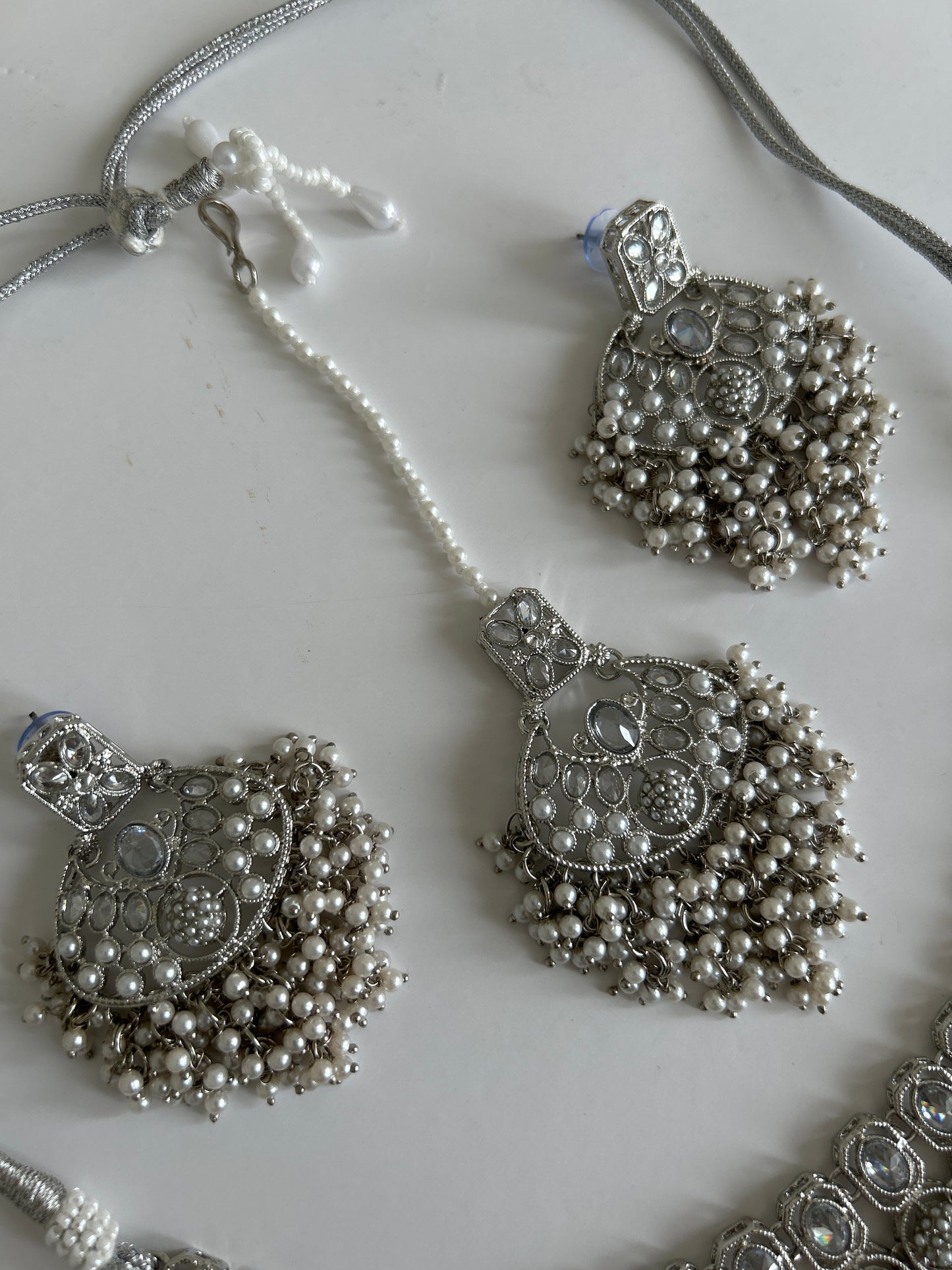 Silver Waterfall Pearl Necklace Earrings Tikka Set