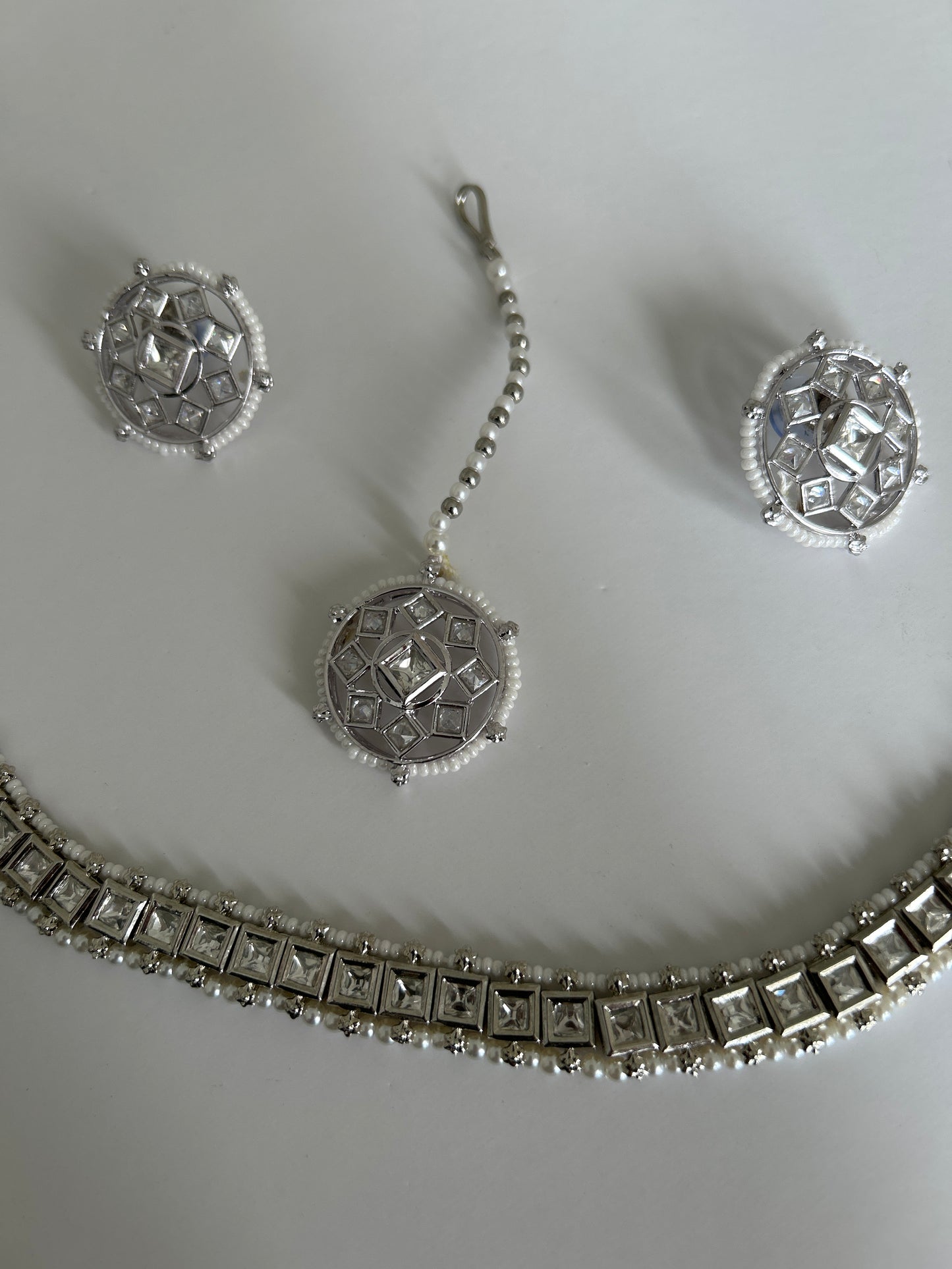 Square Silver Necklace Earrings Tikka Set