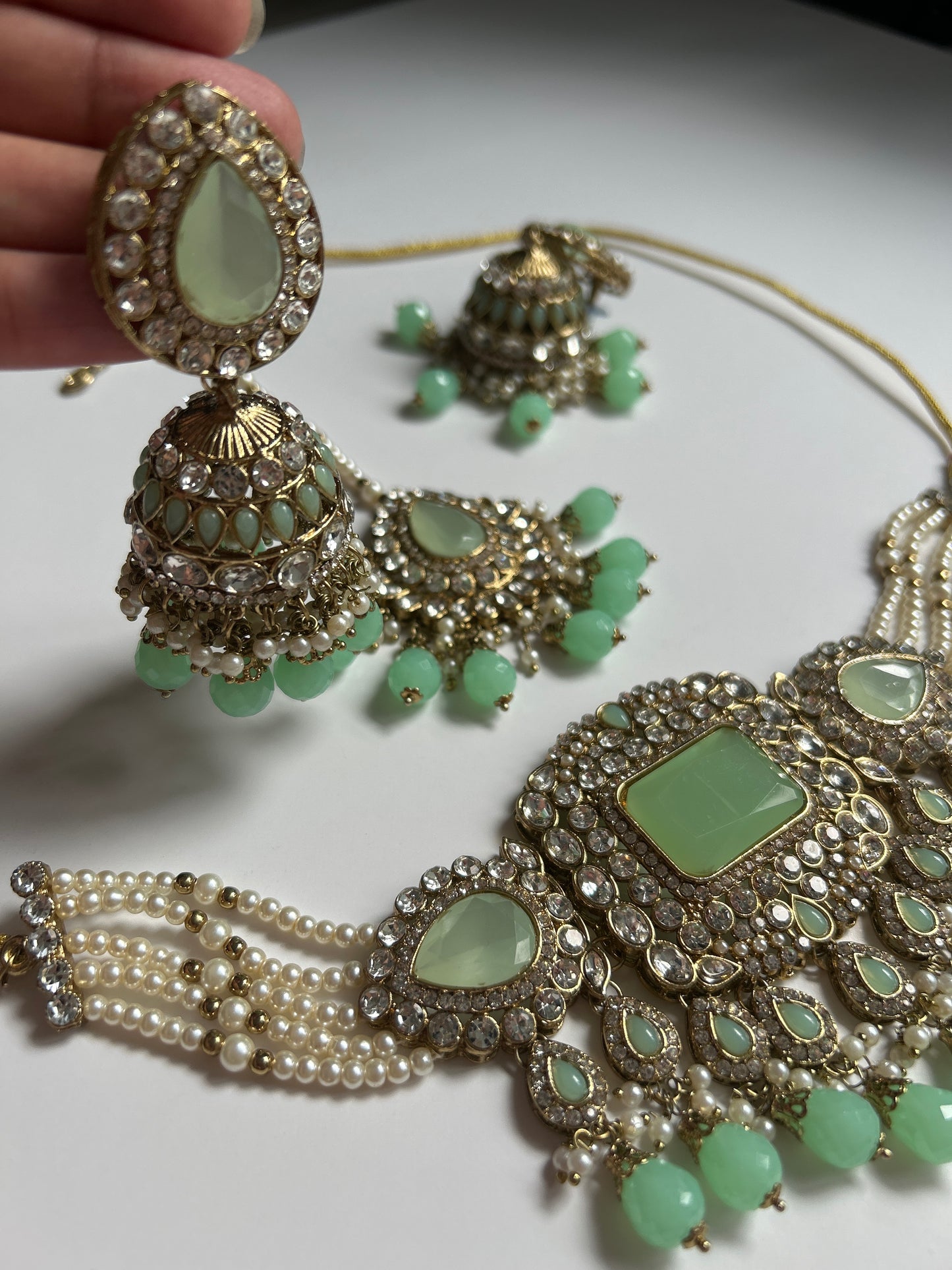 Light Green Pearl Necklace Earrings Tikka Set