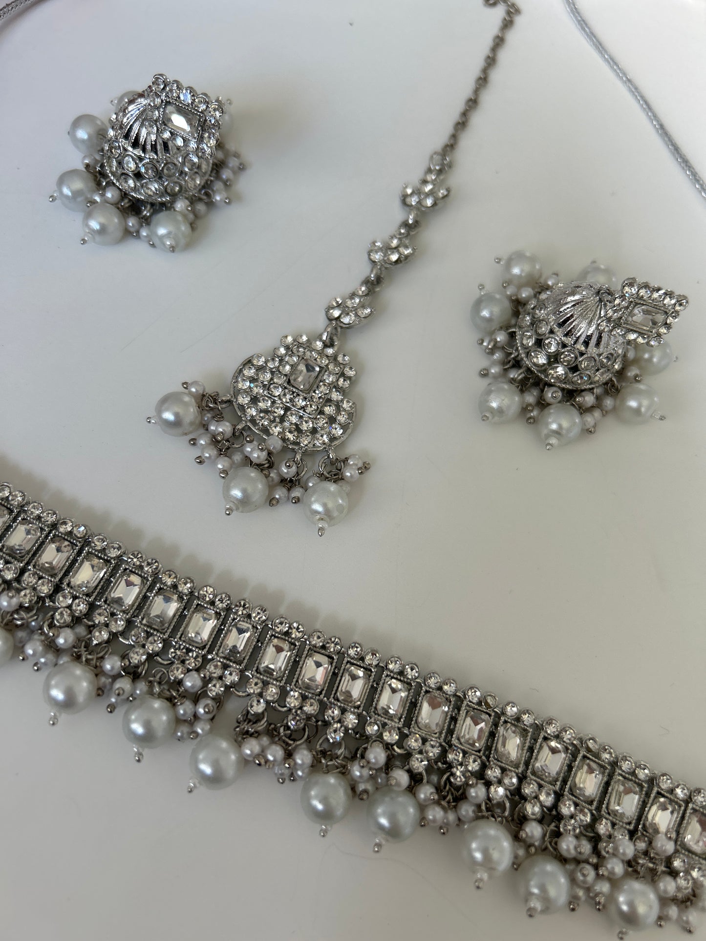 Rectangle Silver Pearl Crystal Necklace Earrings Tikka Set