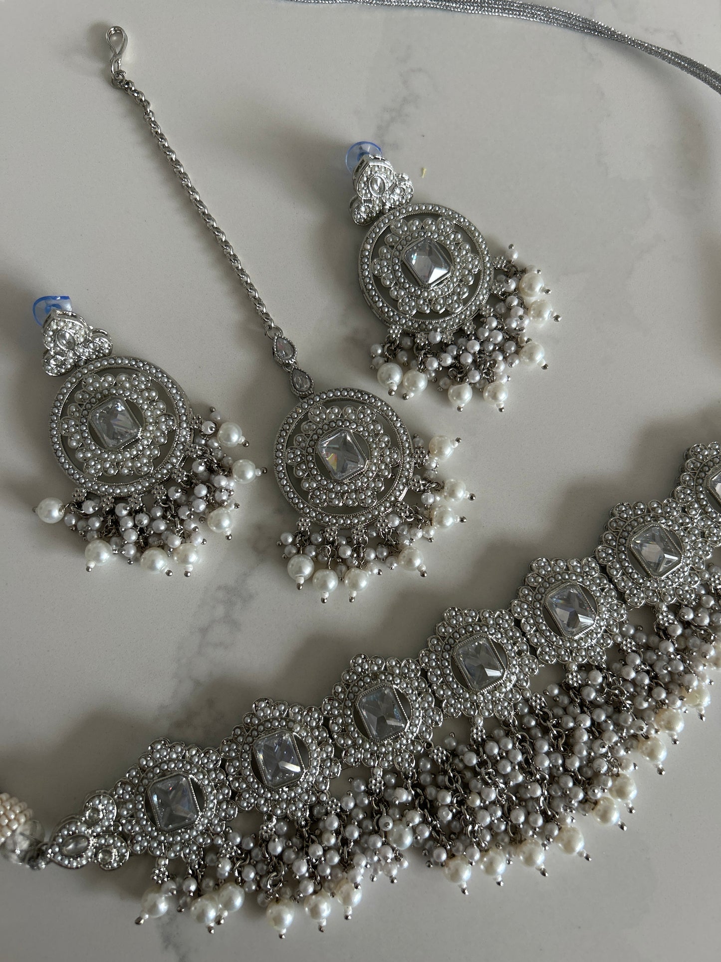 Silver Elegant Choker Earring Tikka Necklace Set
