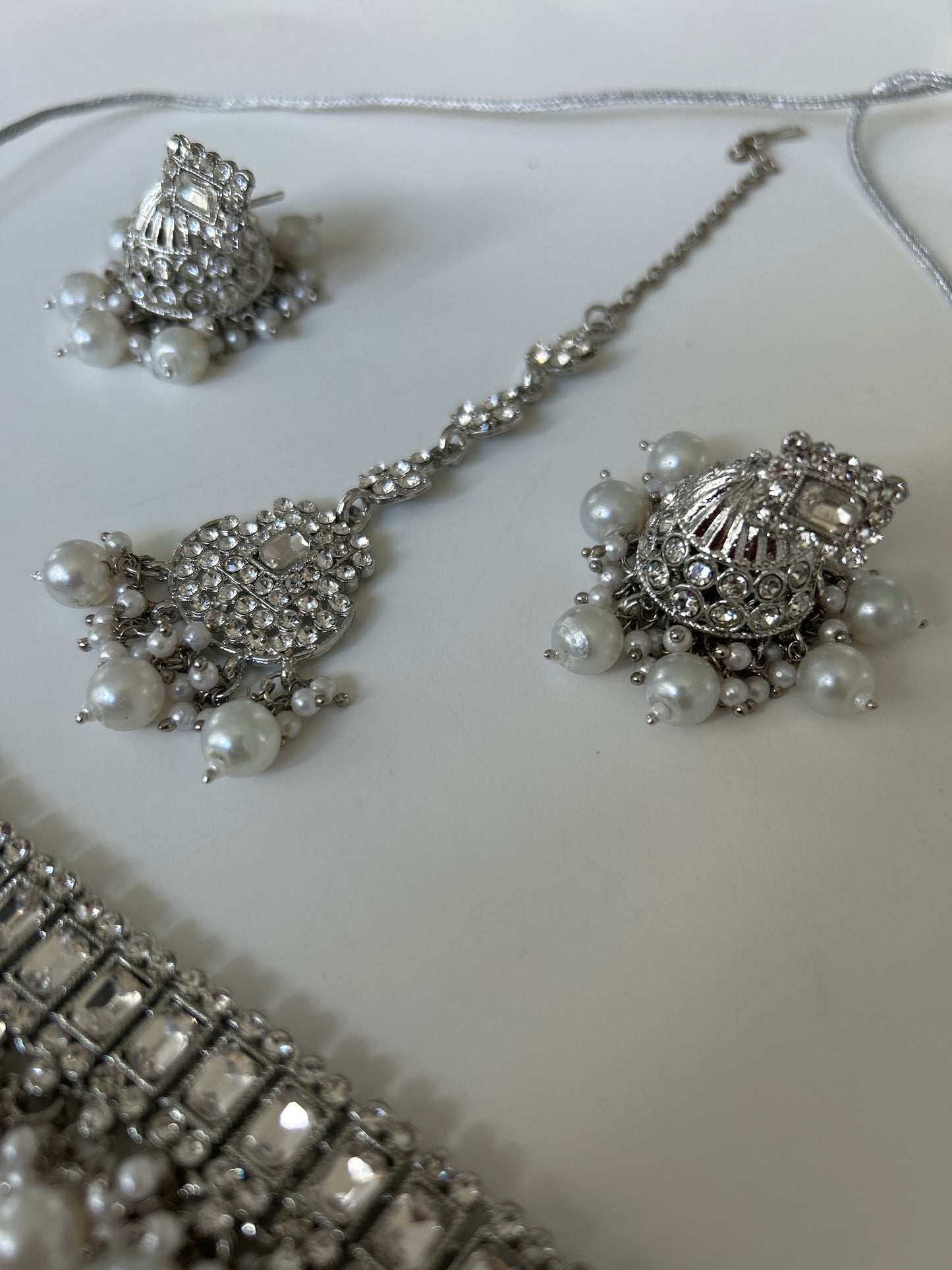 Rectangle Silver Pearl Crystal Necklace Earrings Tikka Set
