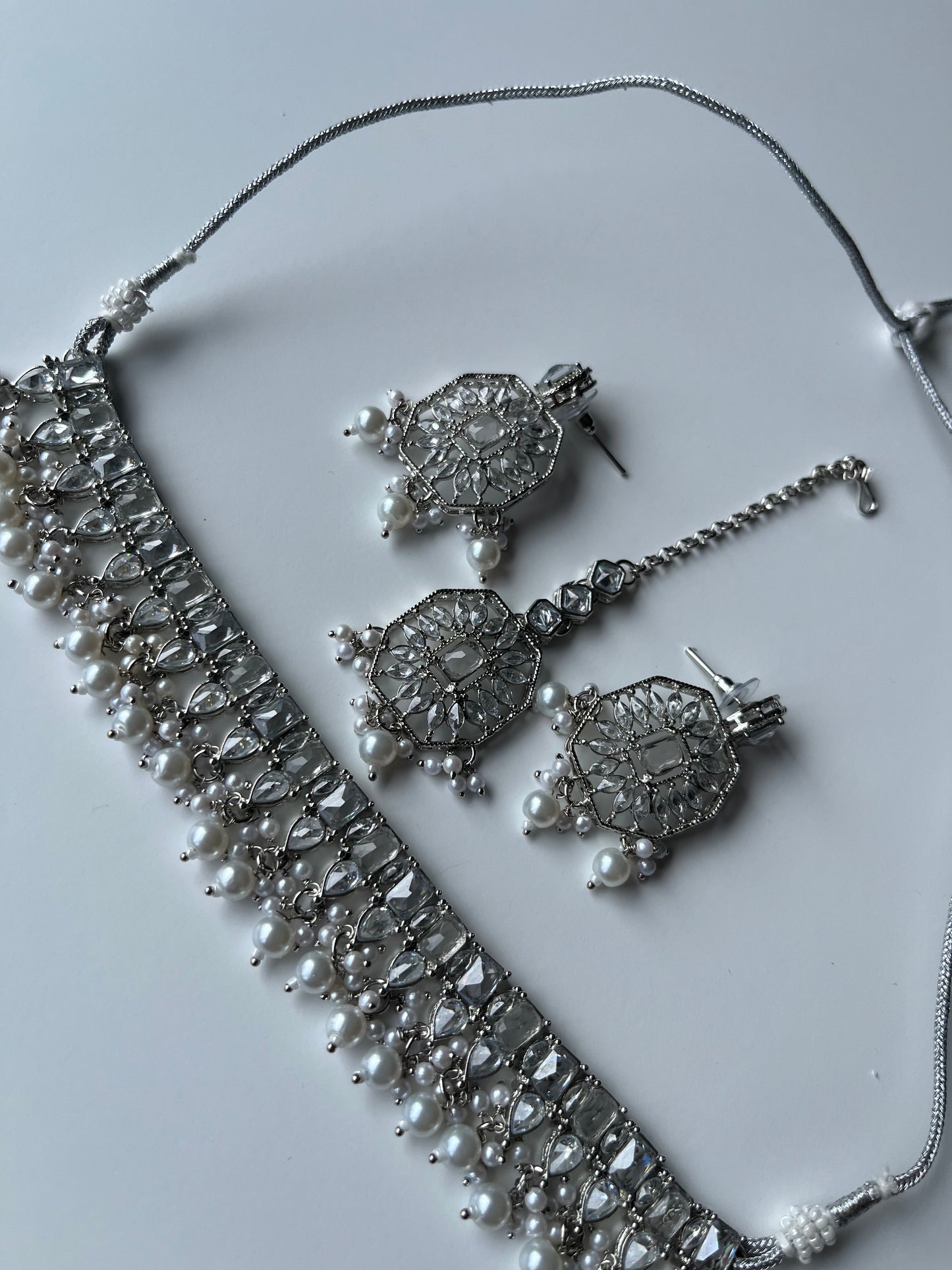 Silver Necklace Choker Rectangle Set