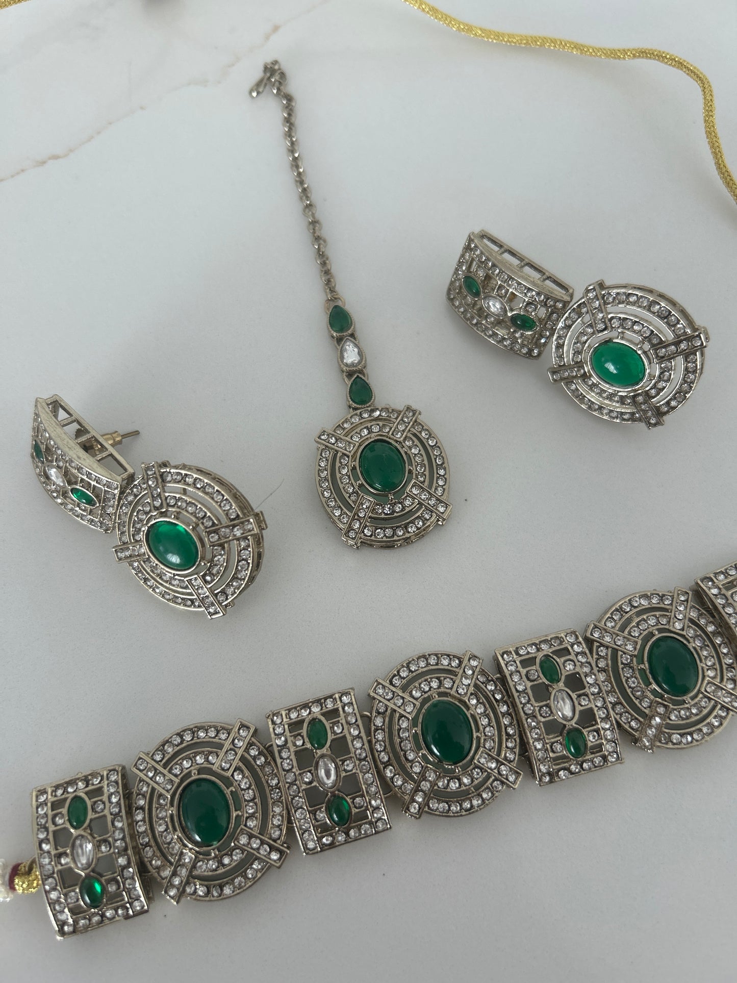 Emerald Green Geo Necklace Earrings Tikka Set