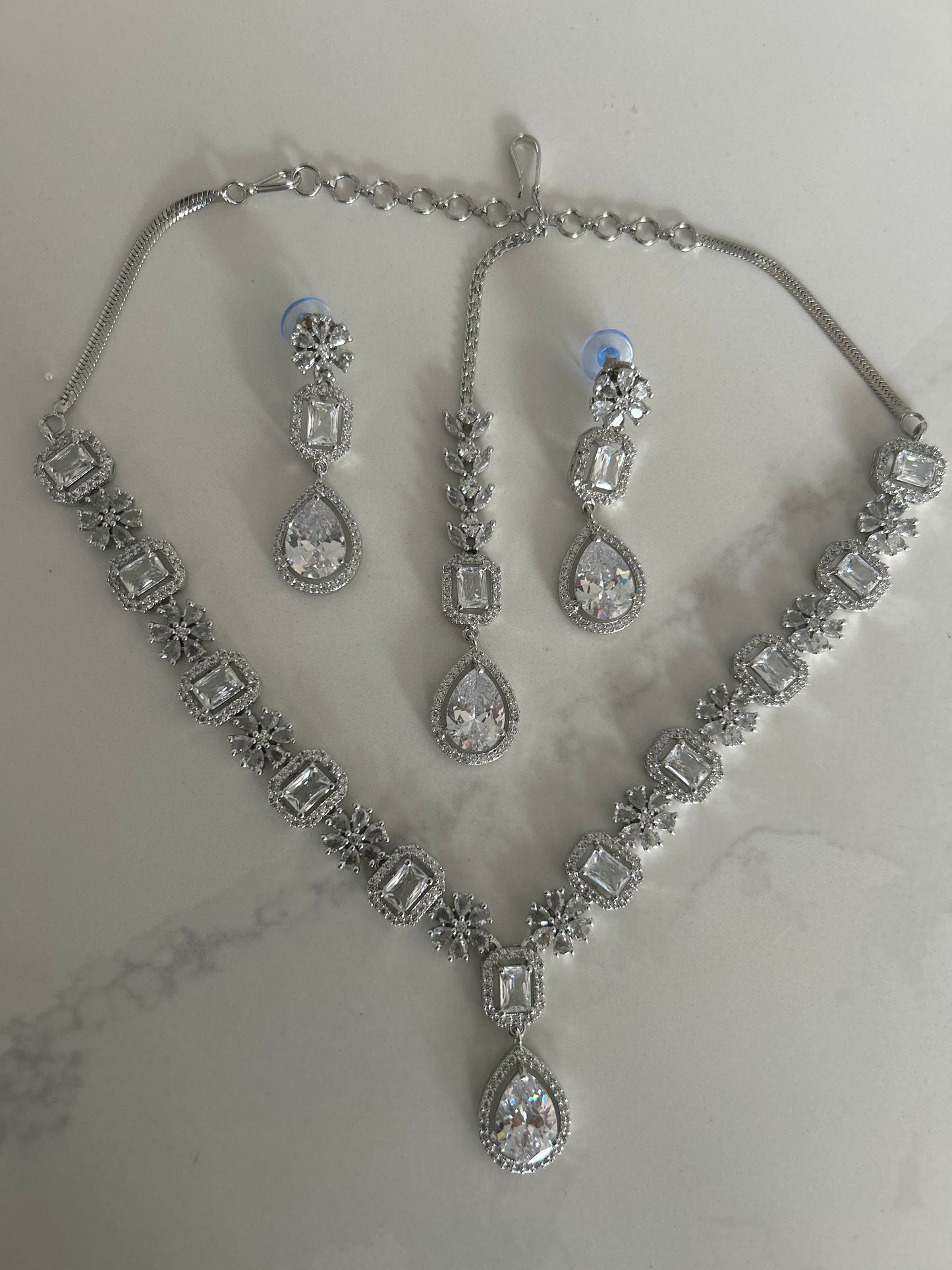 American Diamond Silver Earring Tikka Necklace Set