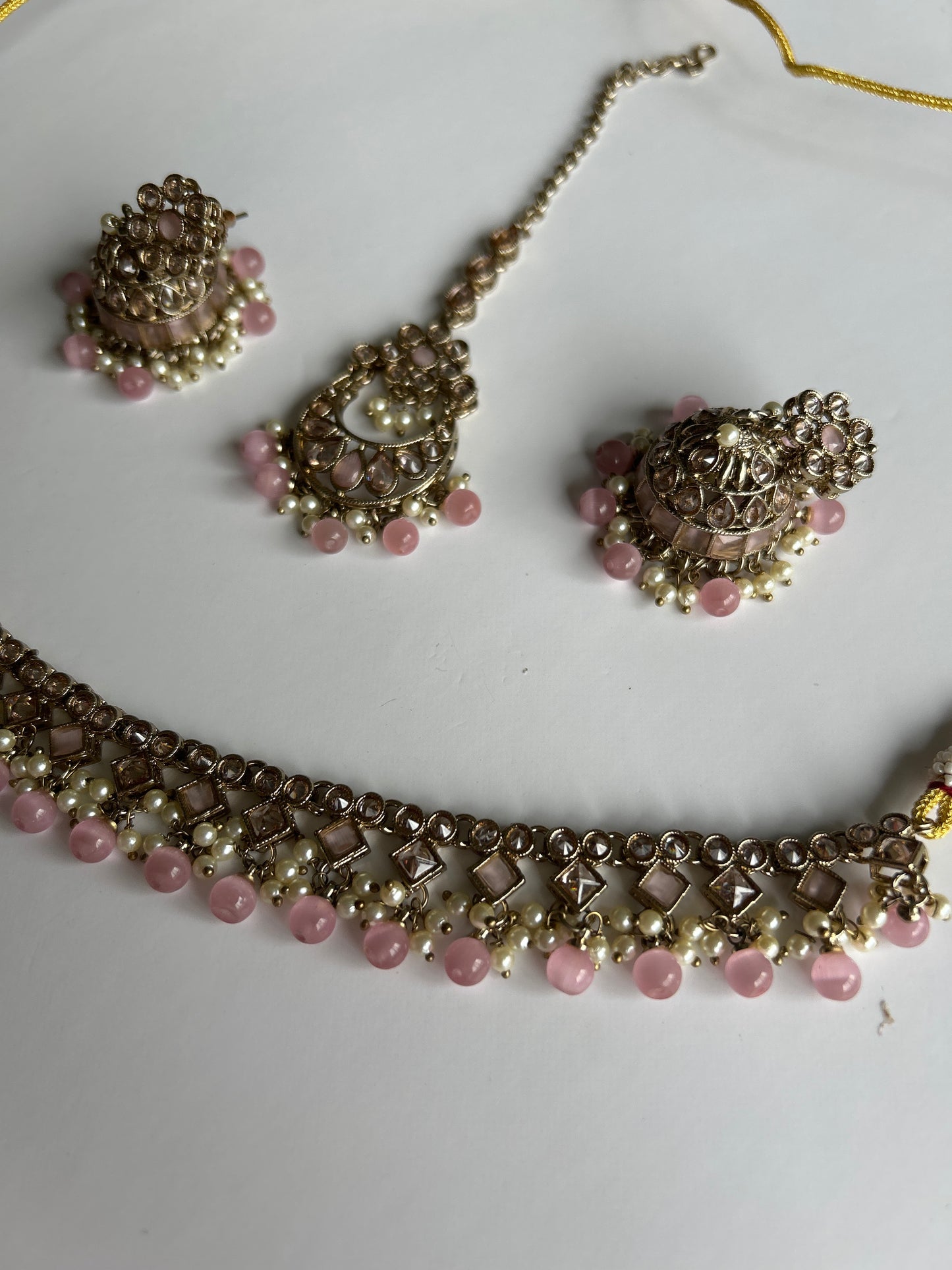 Pink square Elegant Necklace Earring Tikka Set