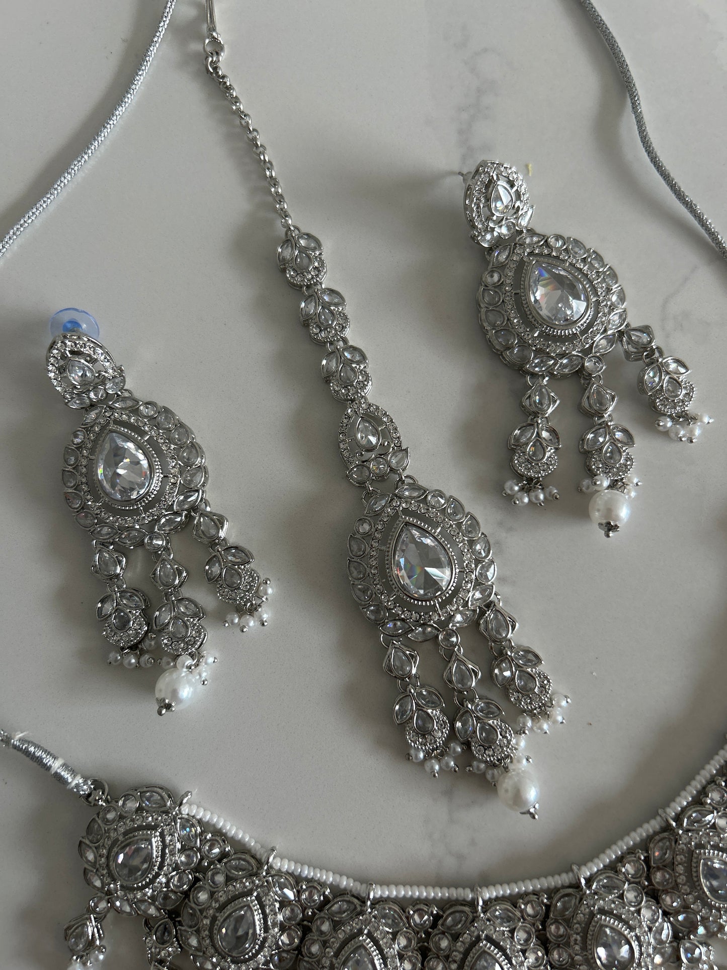 Silver Rainfall Earrings Tikka Necklace Set