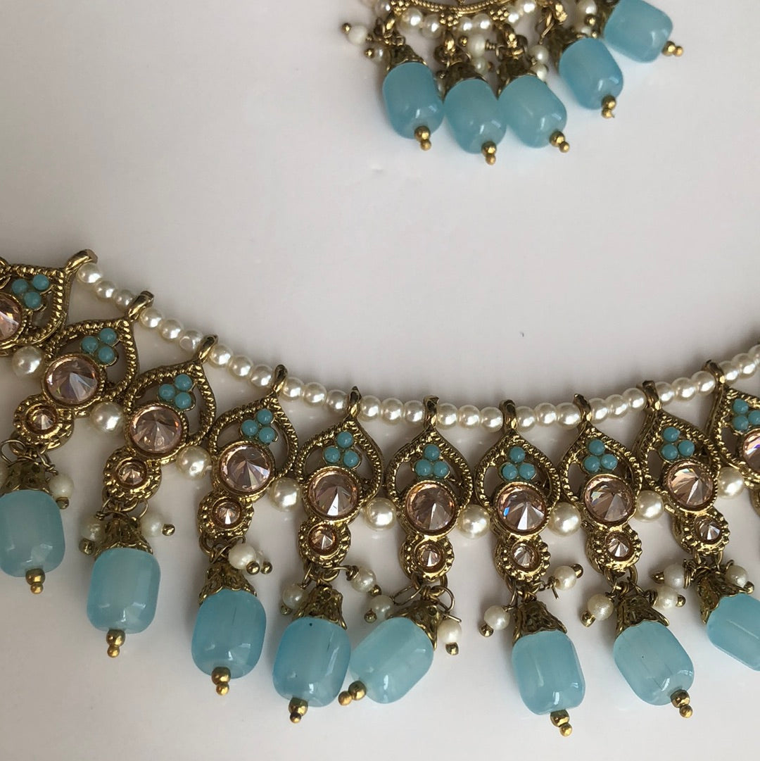 Ocean Blue Necklace Earring Tikka Set