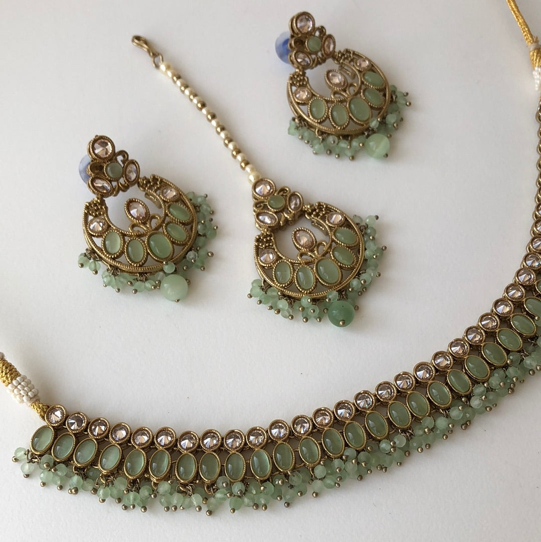 Sea Green Necklace Earring Tikka Set