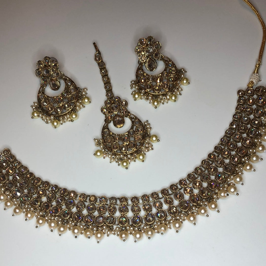 Polki Gold Crystal Necklace Earrings Tikka Set