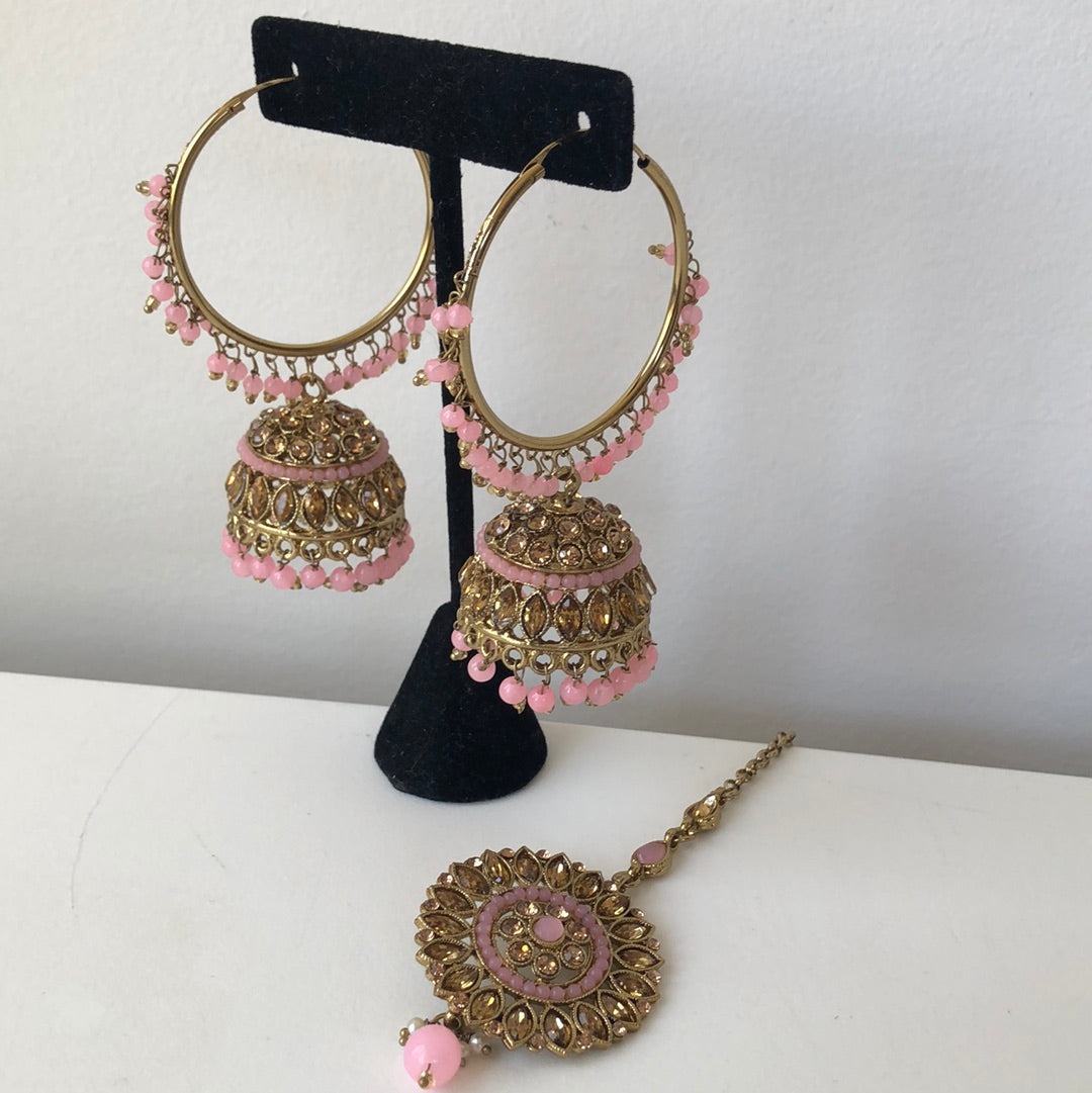 Pink Gold Jumke Earring Tikka Set