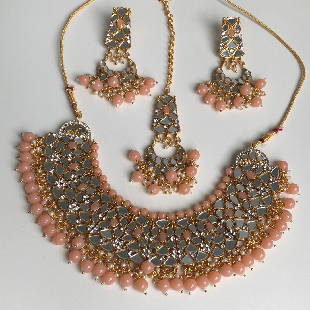 Blush Pink Mirrored Necklace Earring Tikka Set