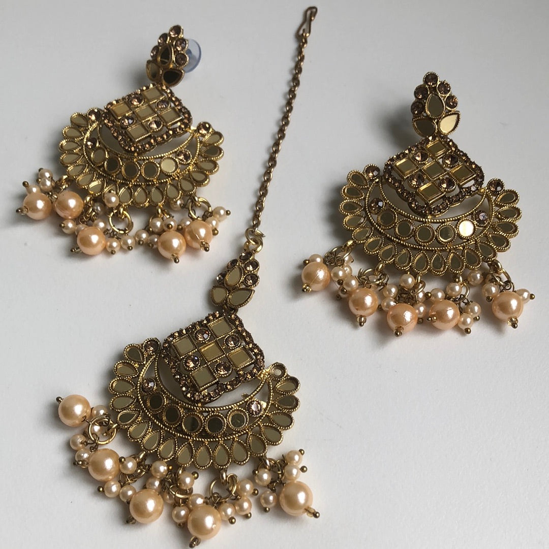 Gold Mirrored Necklace Earring Tikka Set
