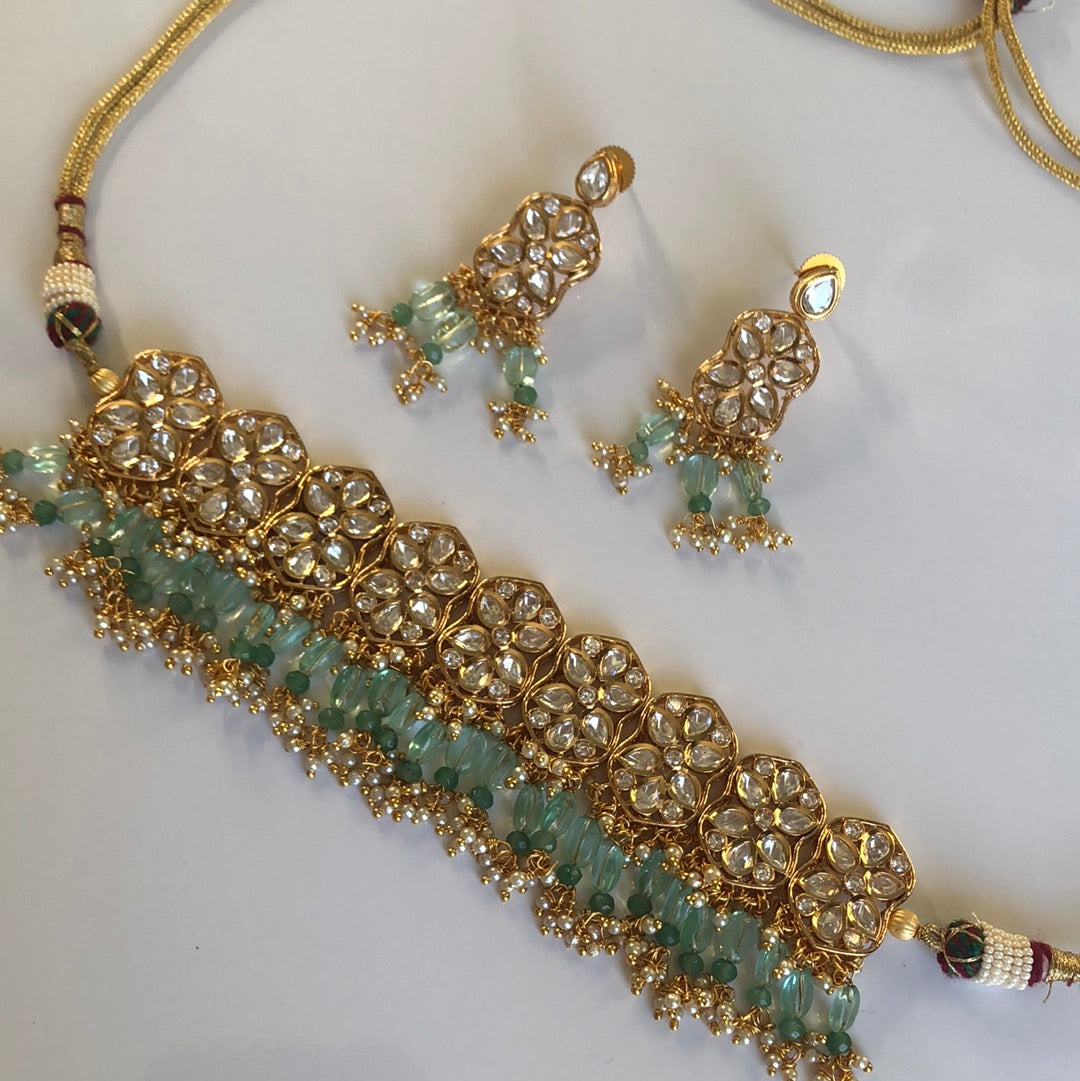 Sea Green Gold Plated Choker Necklace Earring Set