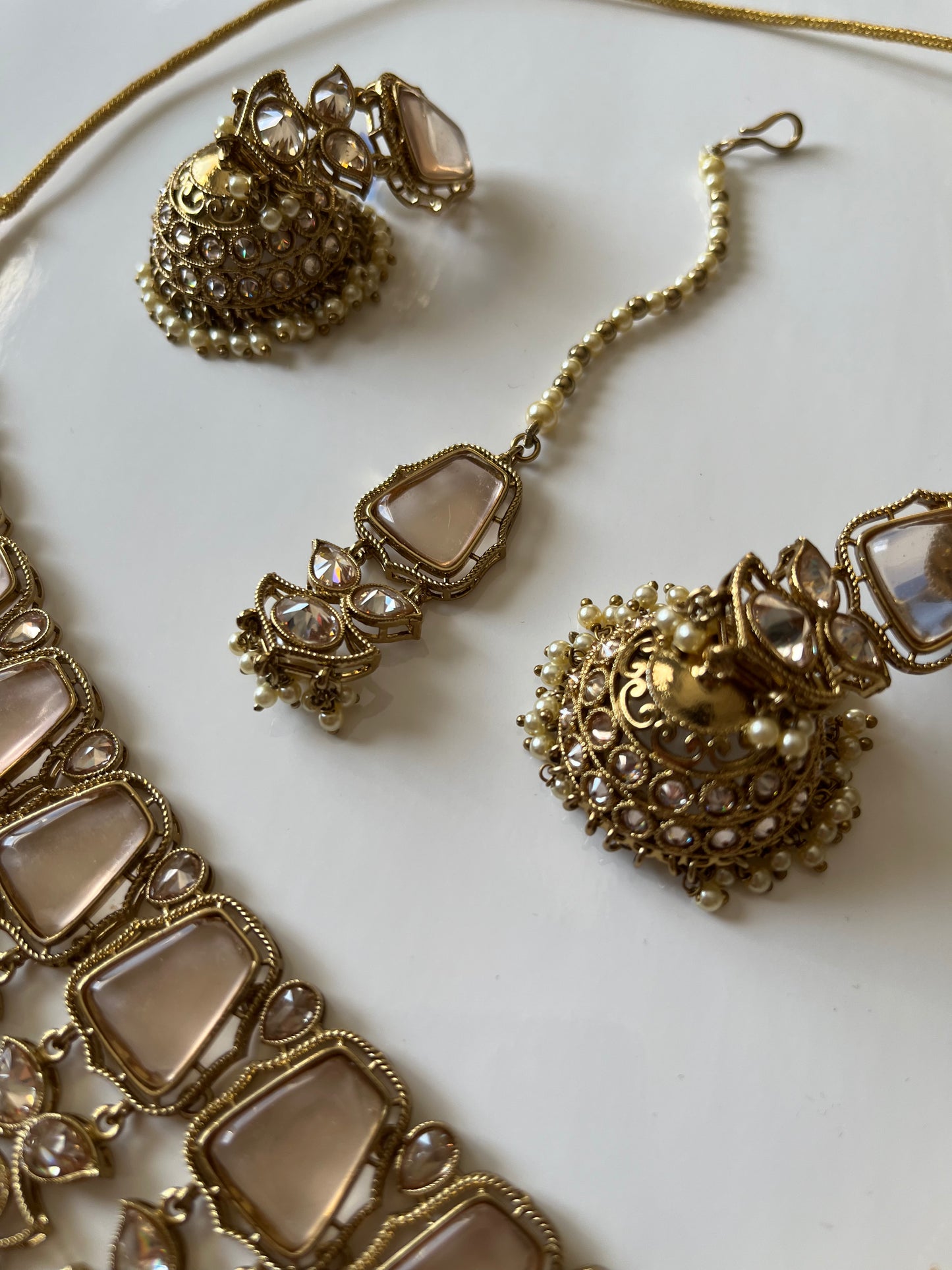 Stunning Glass Pearls Necklace Earring Tikka Set