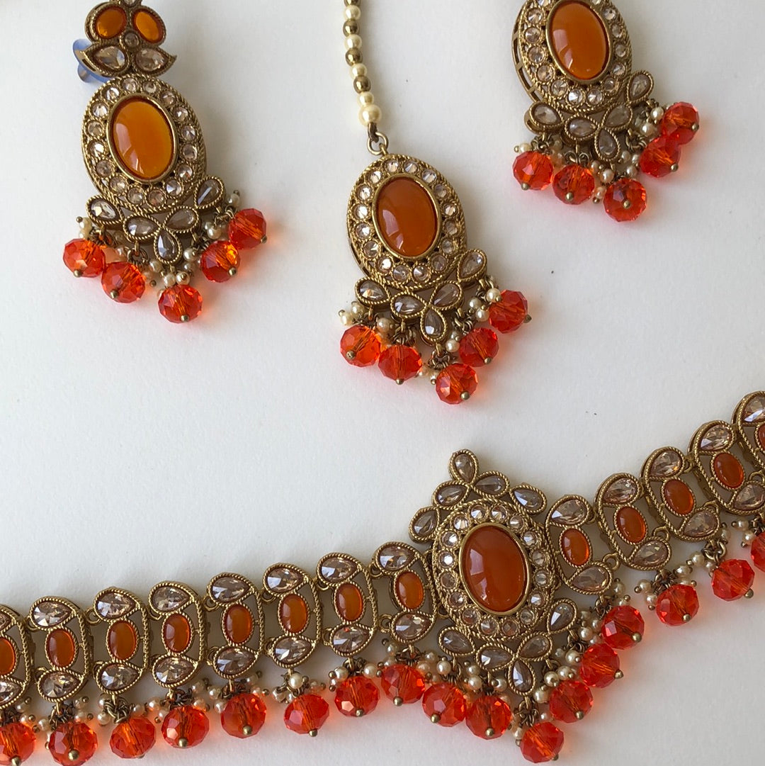 Orange Necklace Earring Tikka Set