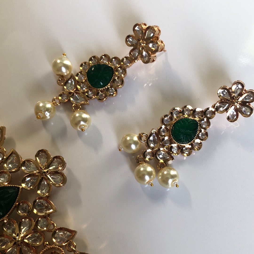 Emerald Green Gold Plated Timeless Choker Necklace Earrings Set