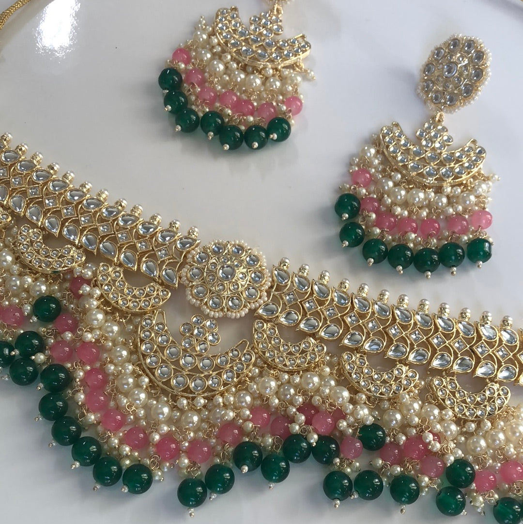 Forest Green Pink Pearl Necklace Earring Set