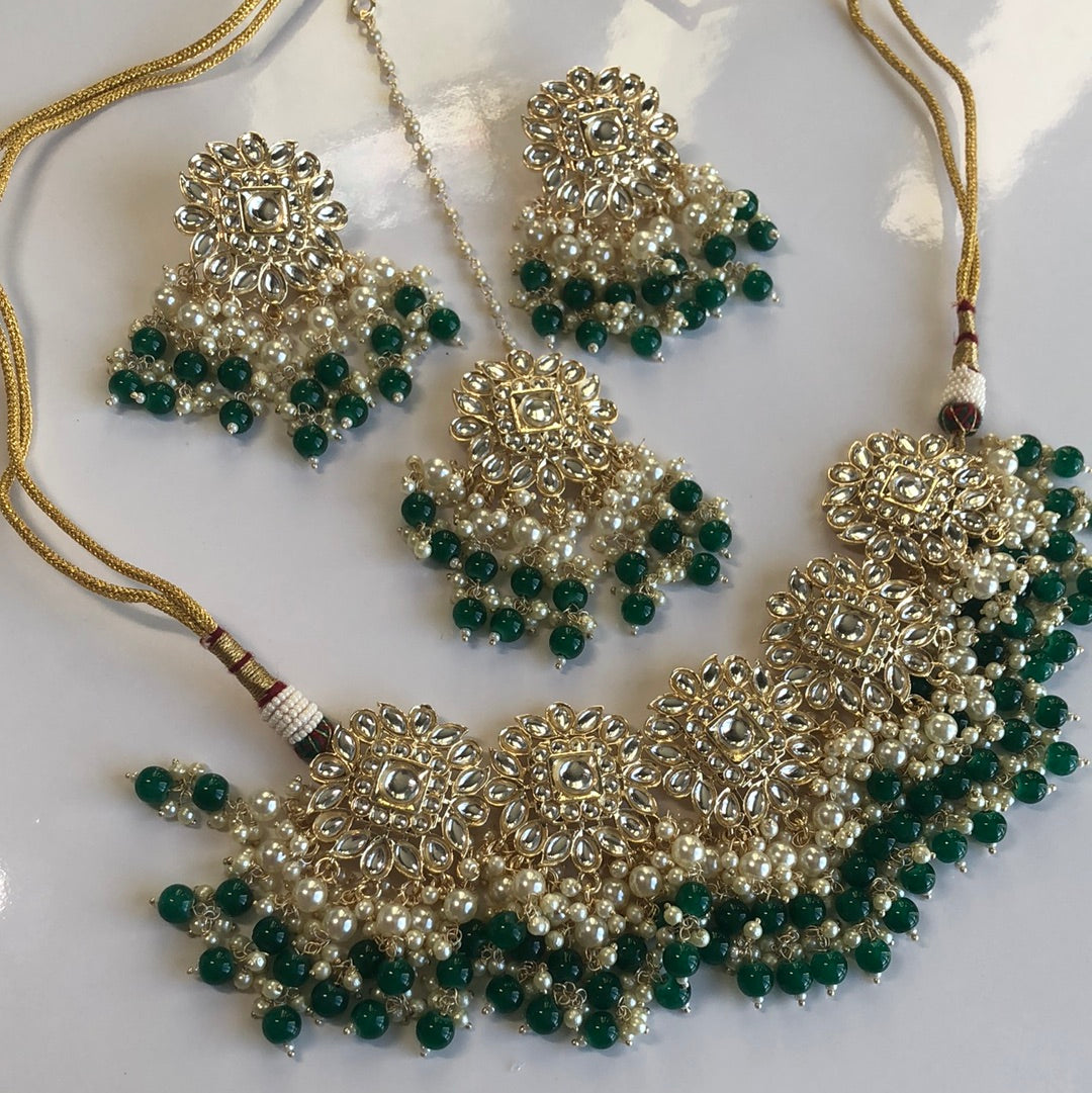 Deep green necklace earring Tikka set