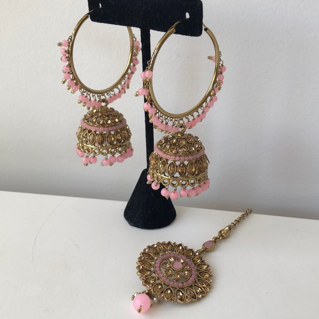 Pink Gold Jumke Earring Tikka Set