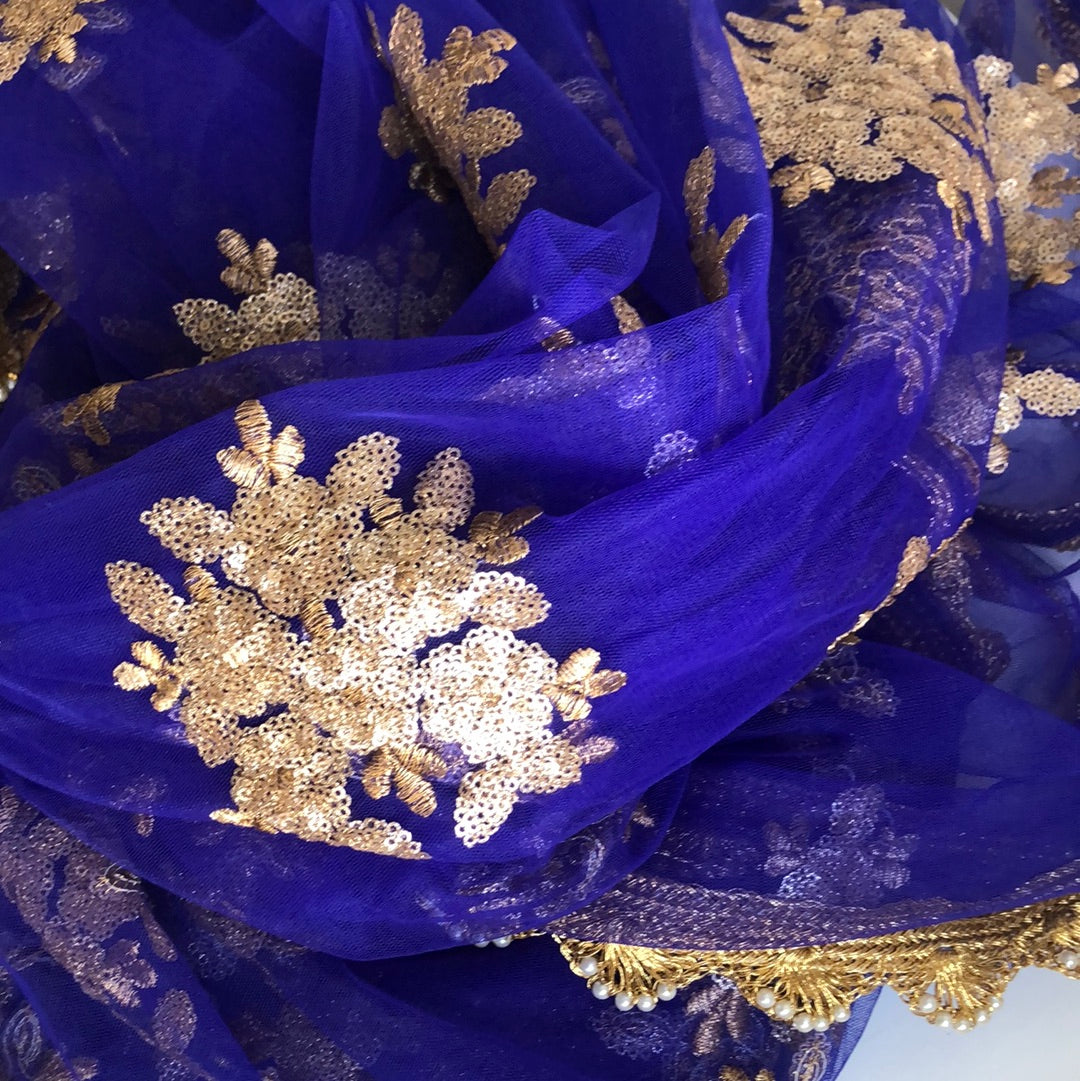 Blue Net Floral Duppatta
