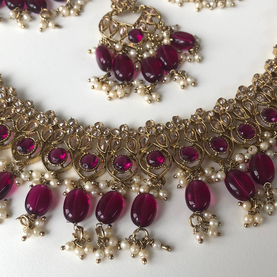 Maroon Necklace Earring Tikka Set