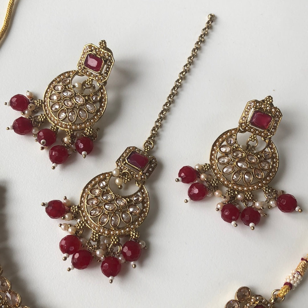 Red Necklace Earring Tikka Set