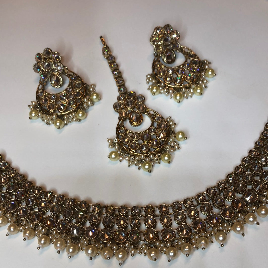 Polki Gold Crystal Necklace Earrings Tikka Set
