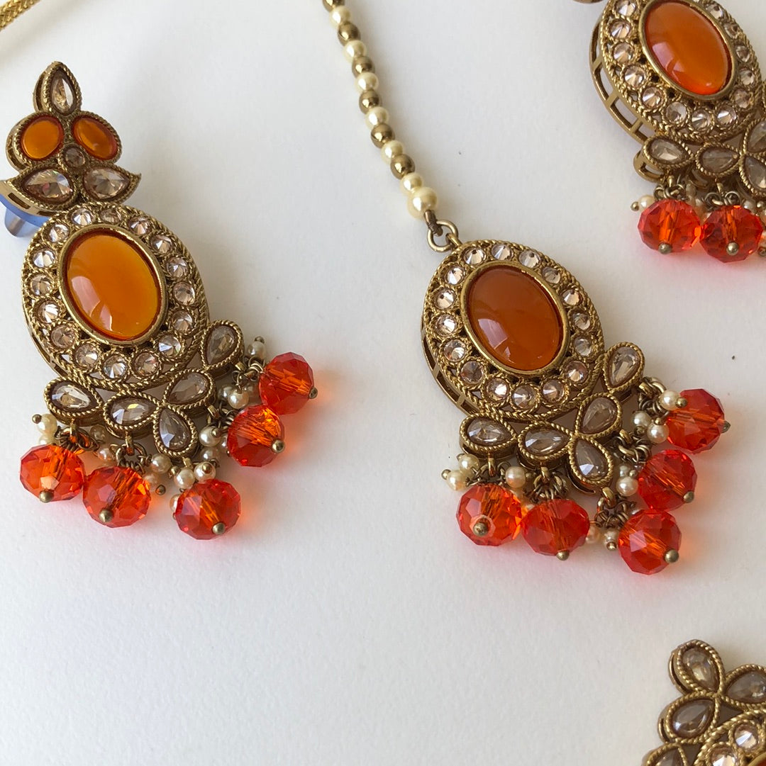Orange Necklace Earring Tikka Set