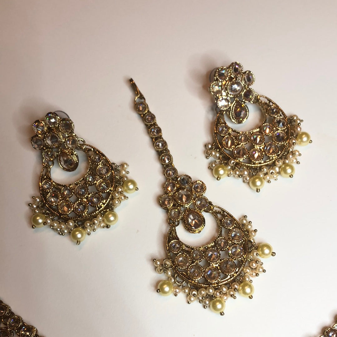 Polki Gold Crystal Necklace Earrings Tikka Set