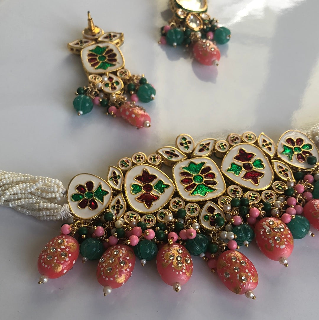 Pink Green Pearl Necklace Earring Set