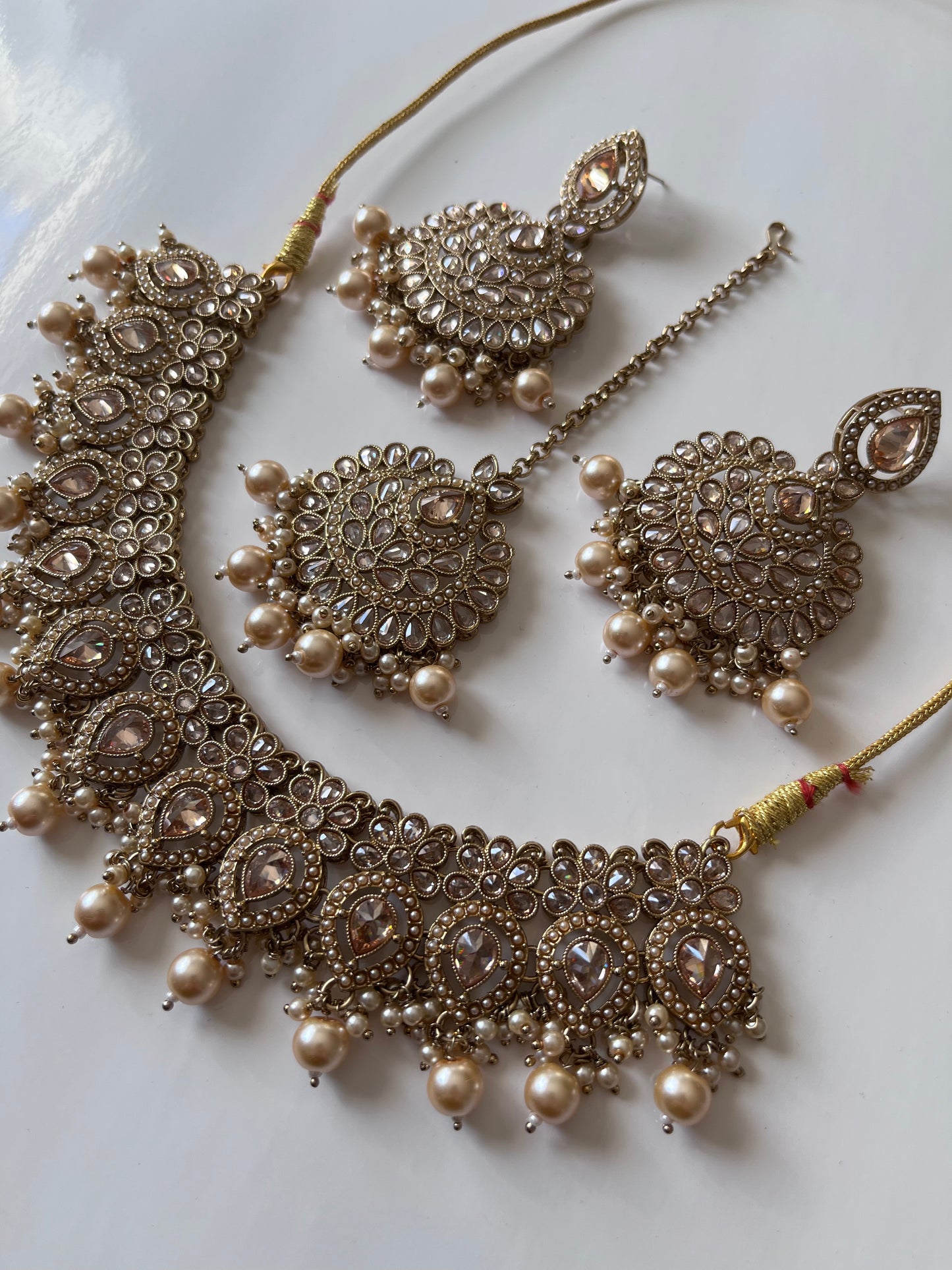 Gold Reverse Teardrop Necklace Earring Tikka Set