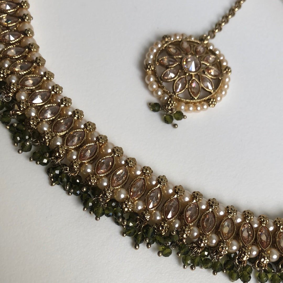 Mehndi Green Choker Necklace Earring Tikka Set