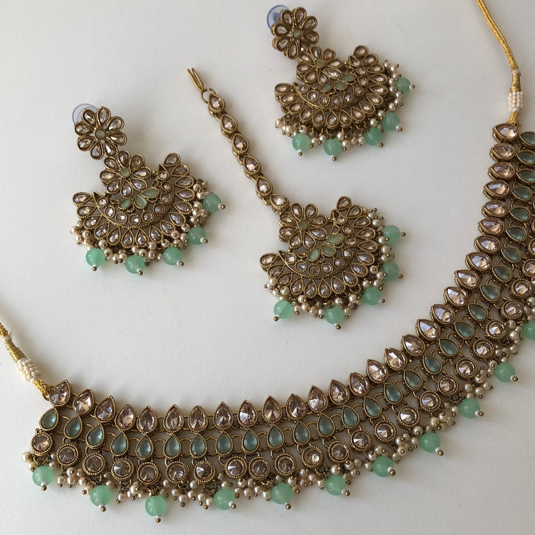 Stunning Sea Green Necklace Earring Tikka Set