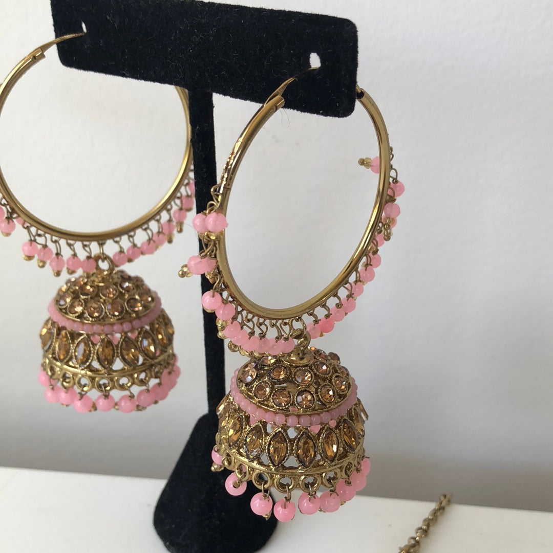 Pink Gold Jumke Earring Tikka Set