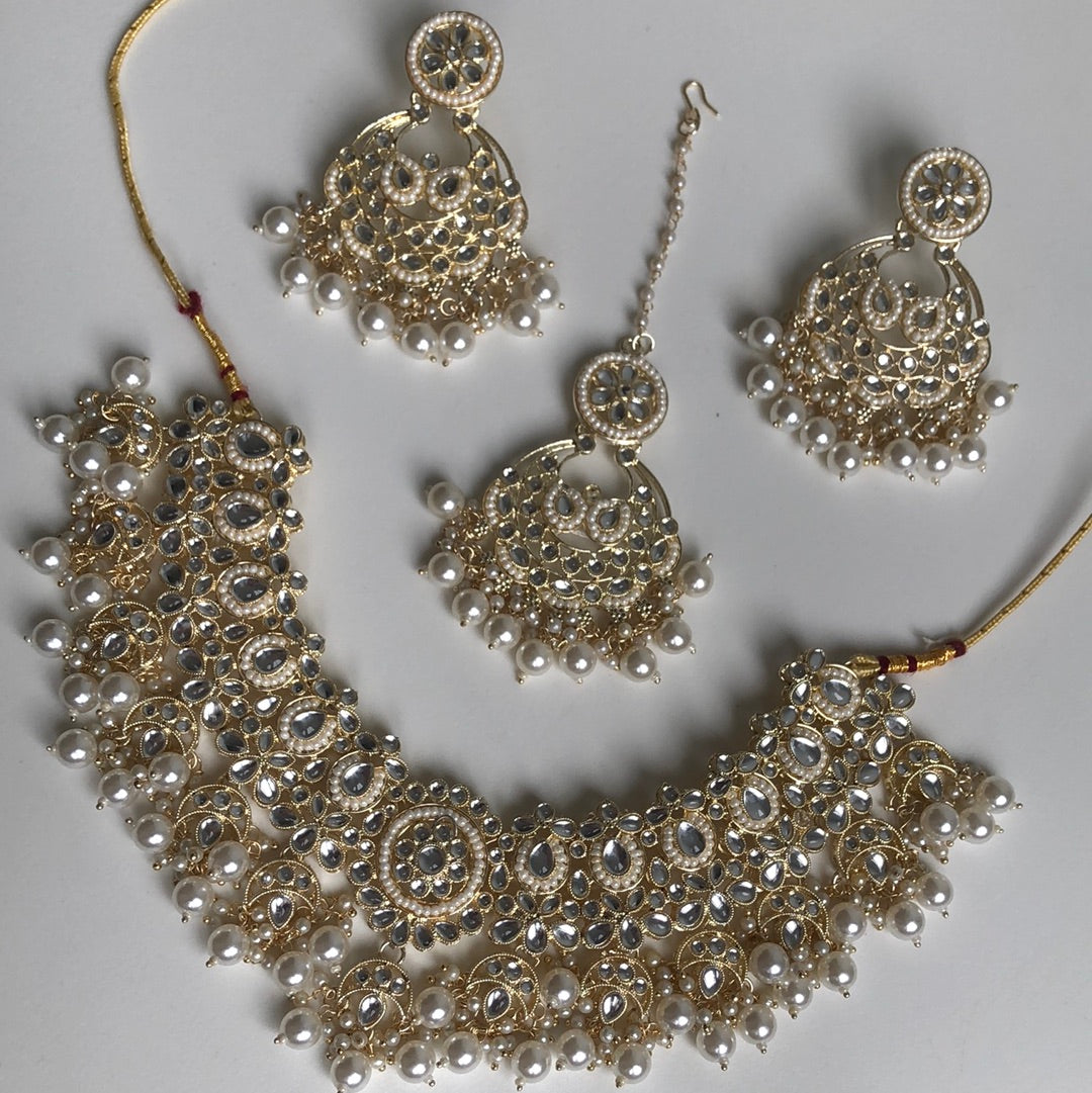 Pearl Light Gold Necklace Earring Tikka Set