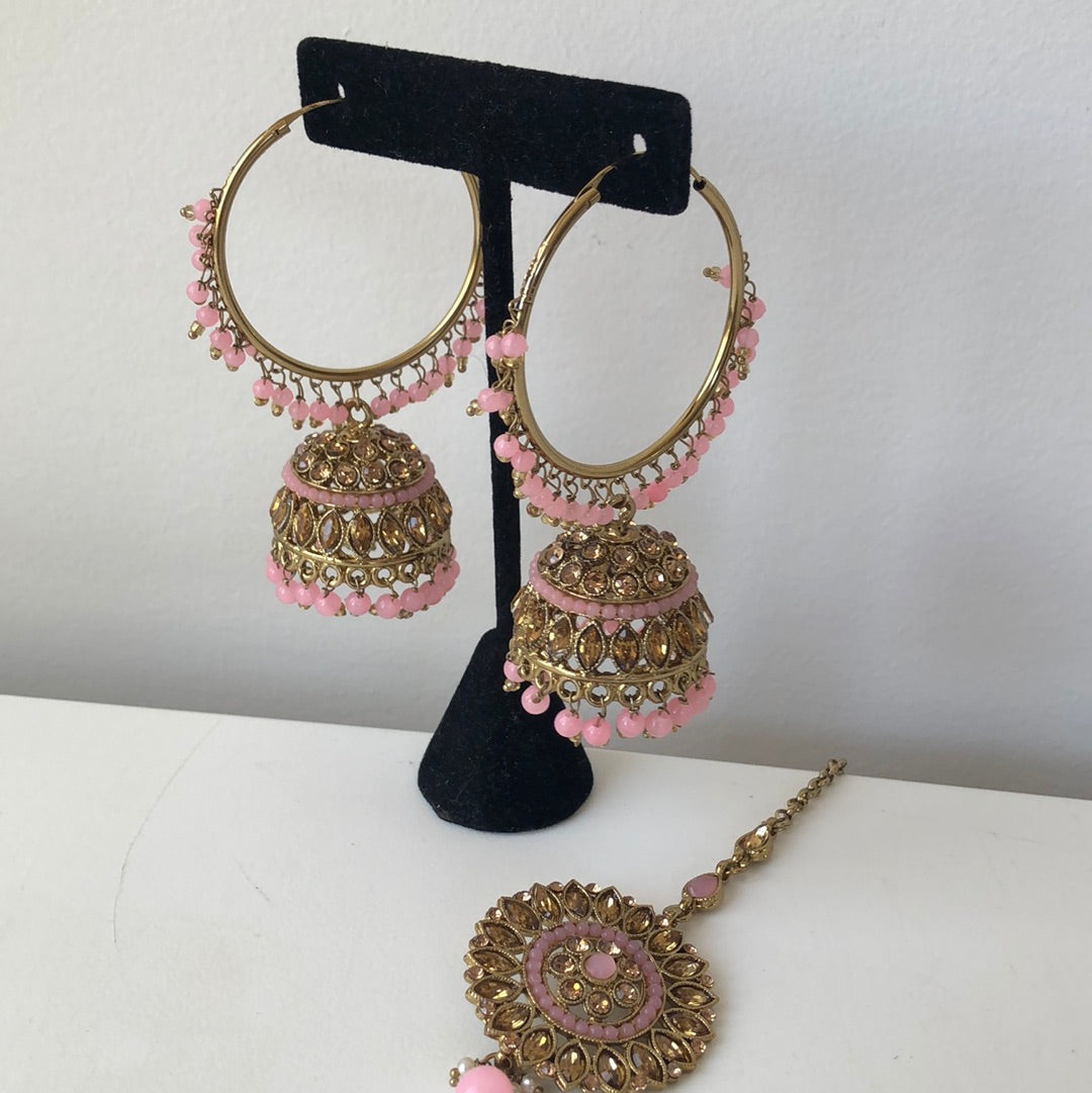 Pink Gold Jumke Earring Tikka Set