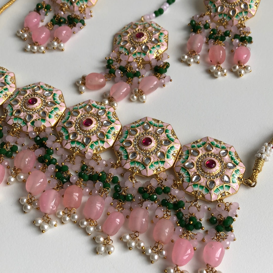 Blush Pink & Green Choker Necklace Earring Tikka Set