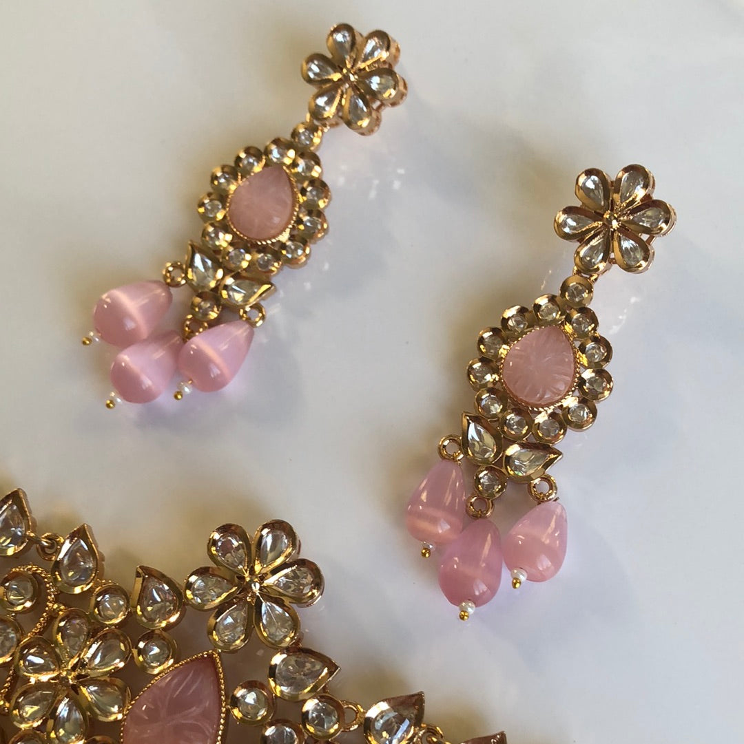 Baby Pink Floral Stoned Choker Necklace Earrings Set