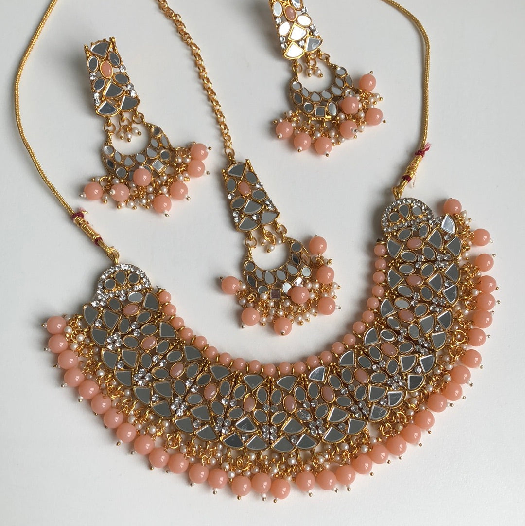 Blush Pink Mirrored Necklace Earring Tikka Set