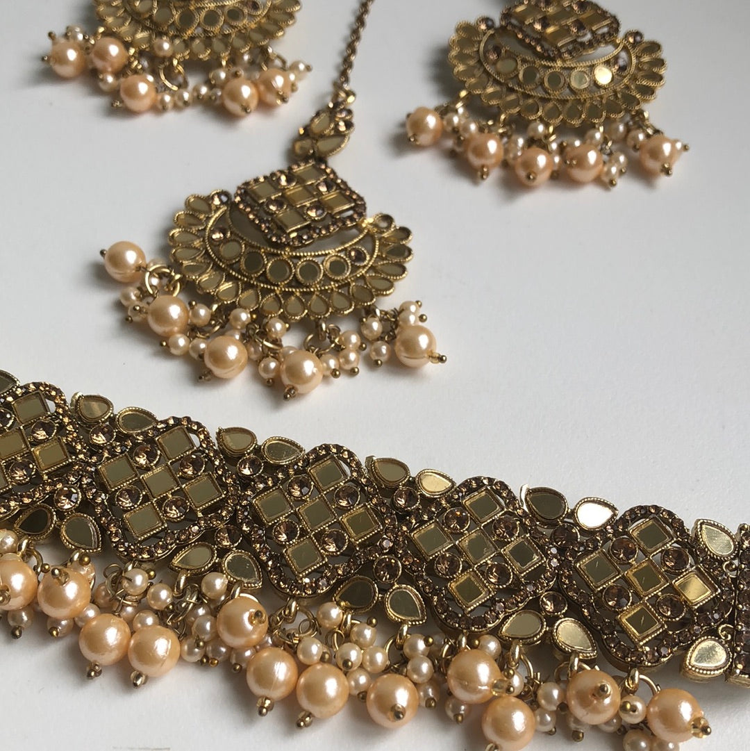 Gold Mirrored Necklace Earring Tikka Set