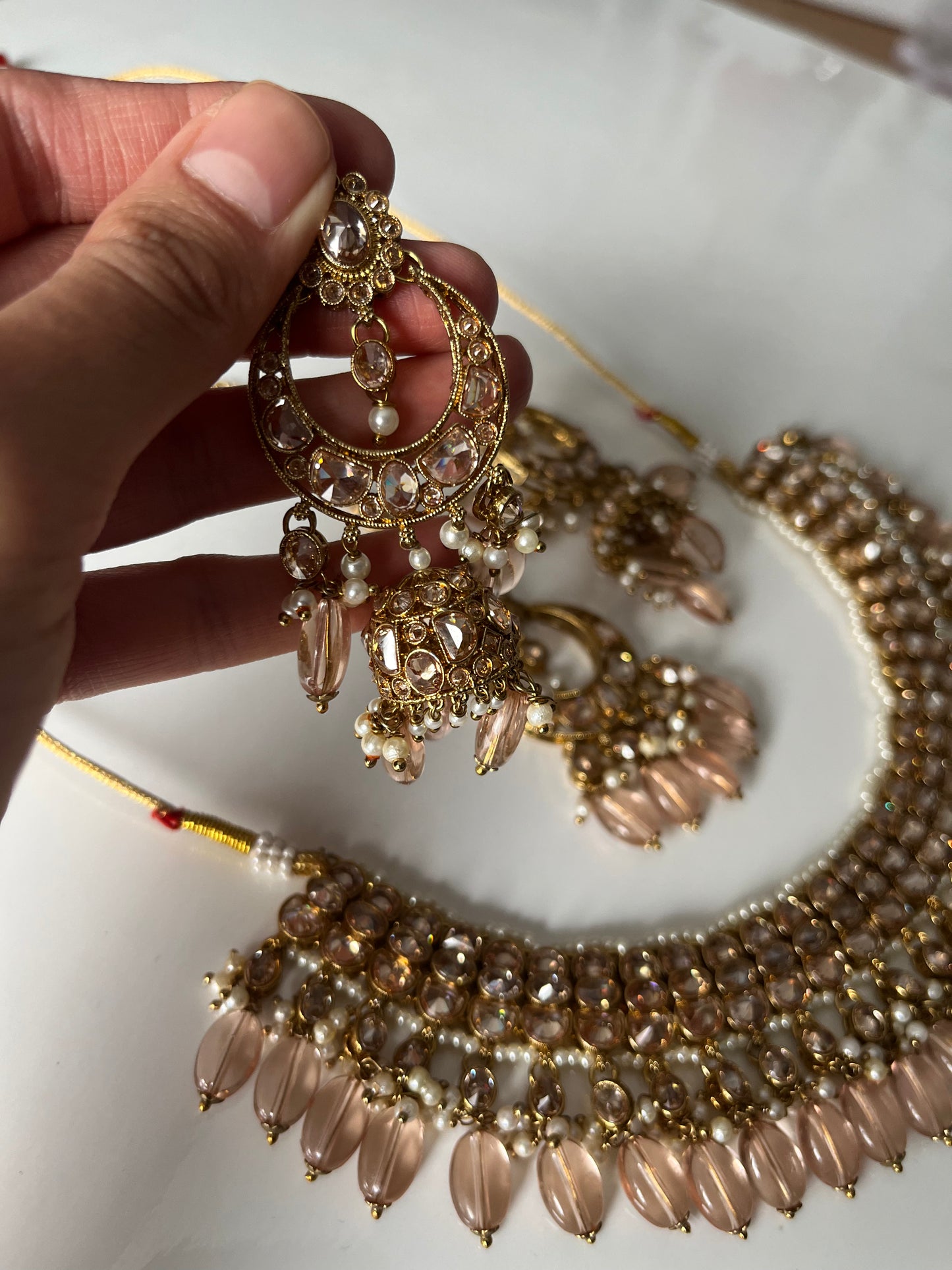 Peach Pink Pearl Necklace Set