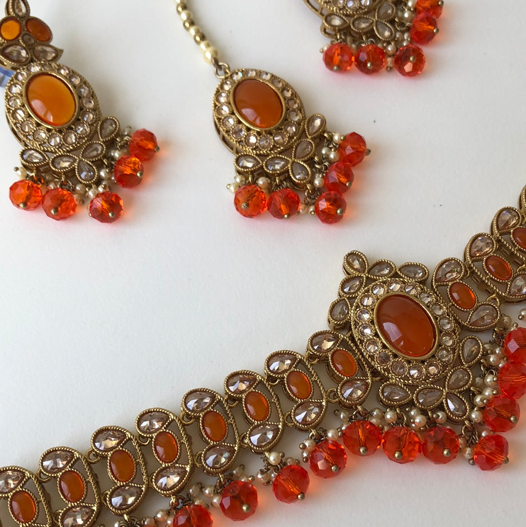 Orange Necklace Earring Tikka Set