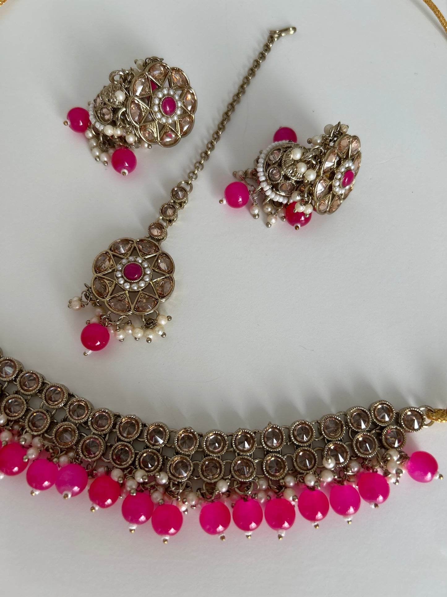 Hot Pink gold necklace earrings tikka set