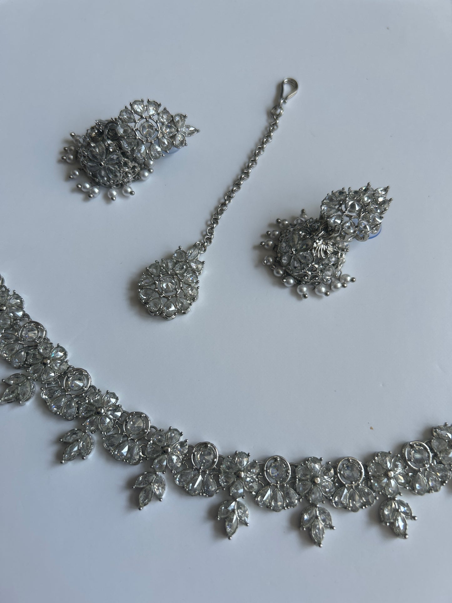 Silver Elegant Chic Necklace Earrings Tikka Set