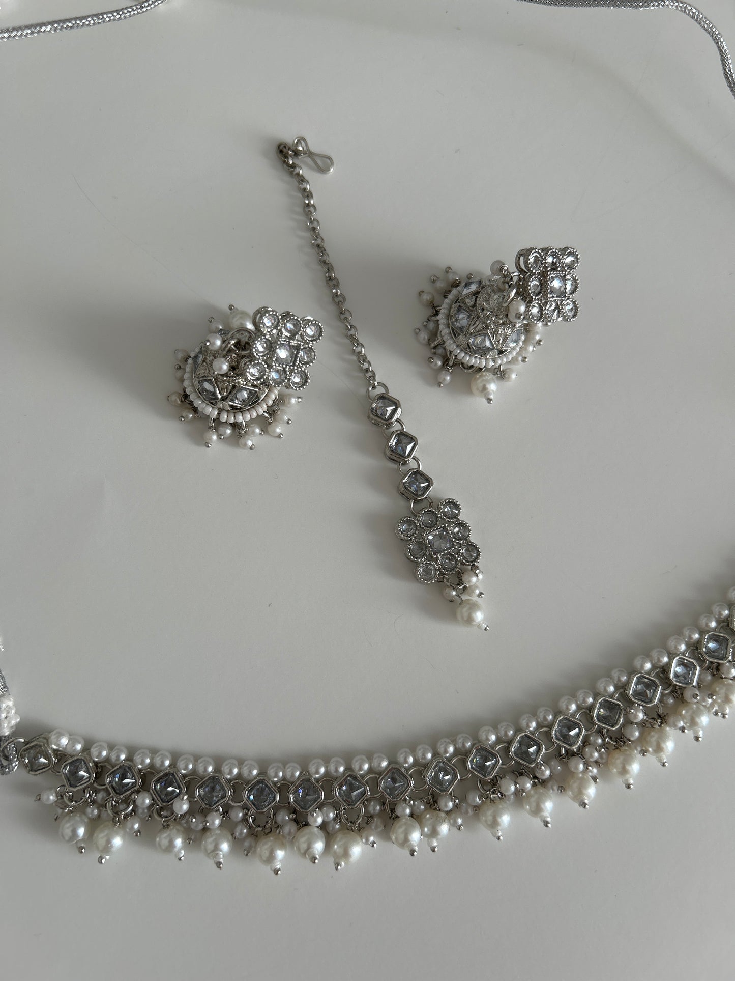 Square silver necklace earrings tikka set