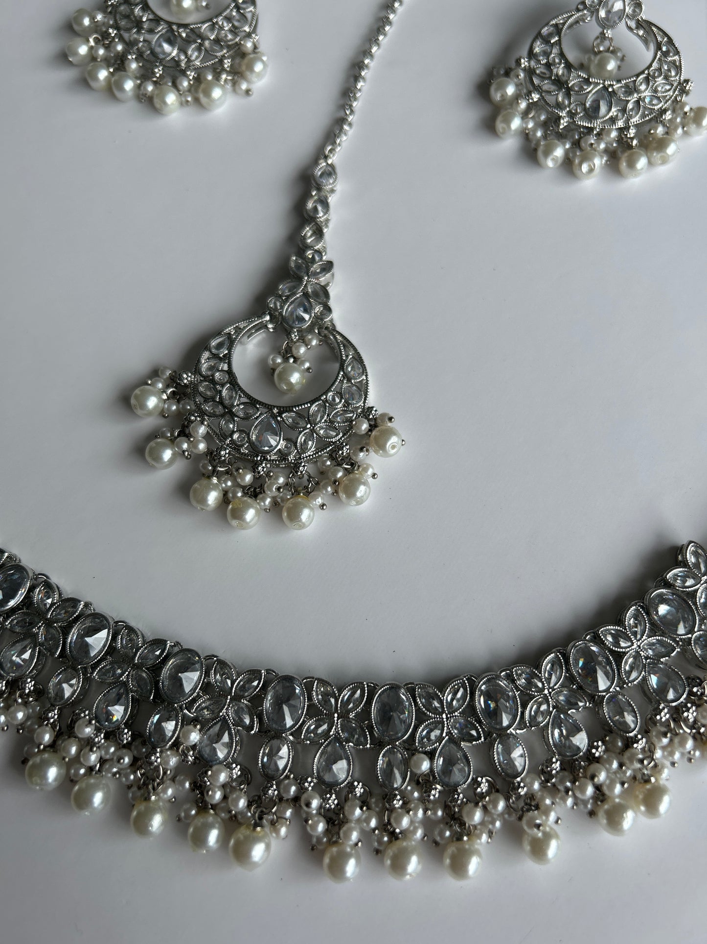 Silver Pearl Necklace Earrings Tikka Set