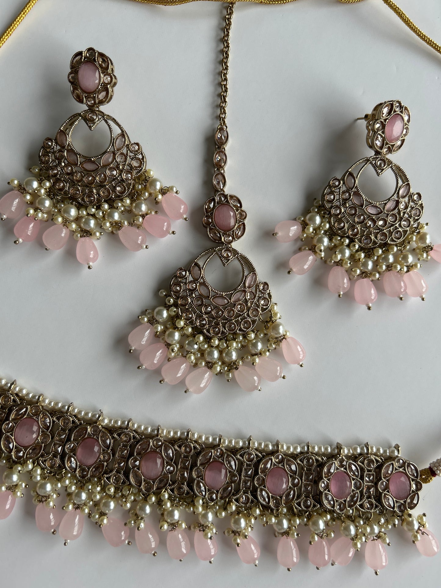 Baby Pink Necklace Earrings Tikka Set
