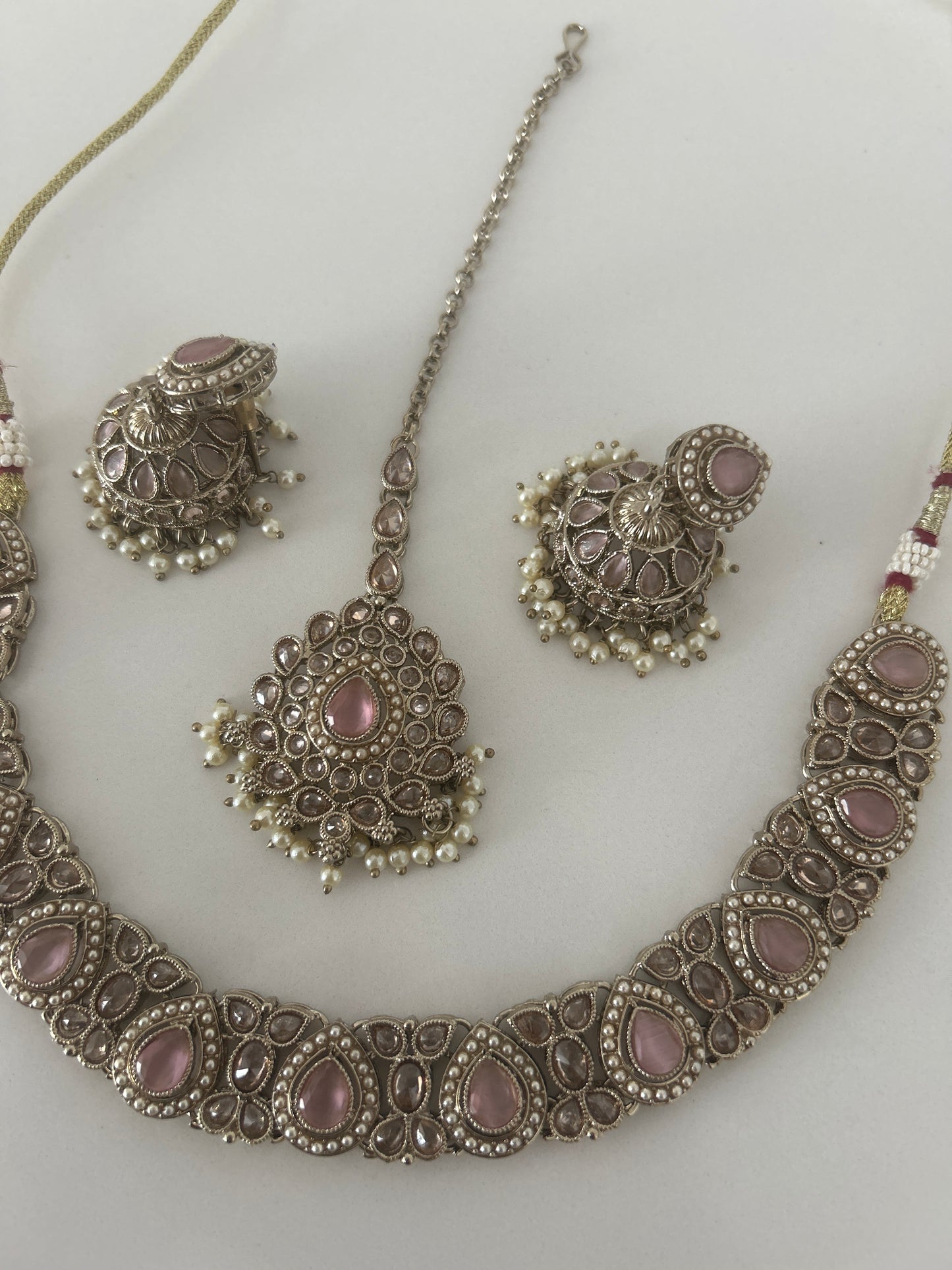 Pink Necklace Earrings Tikka Set