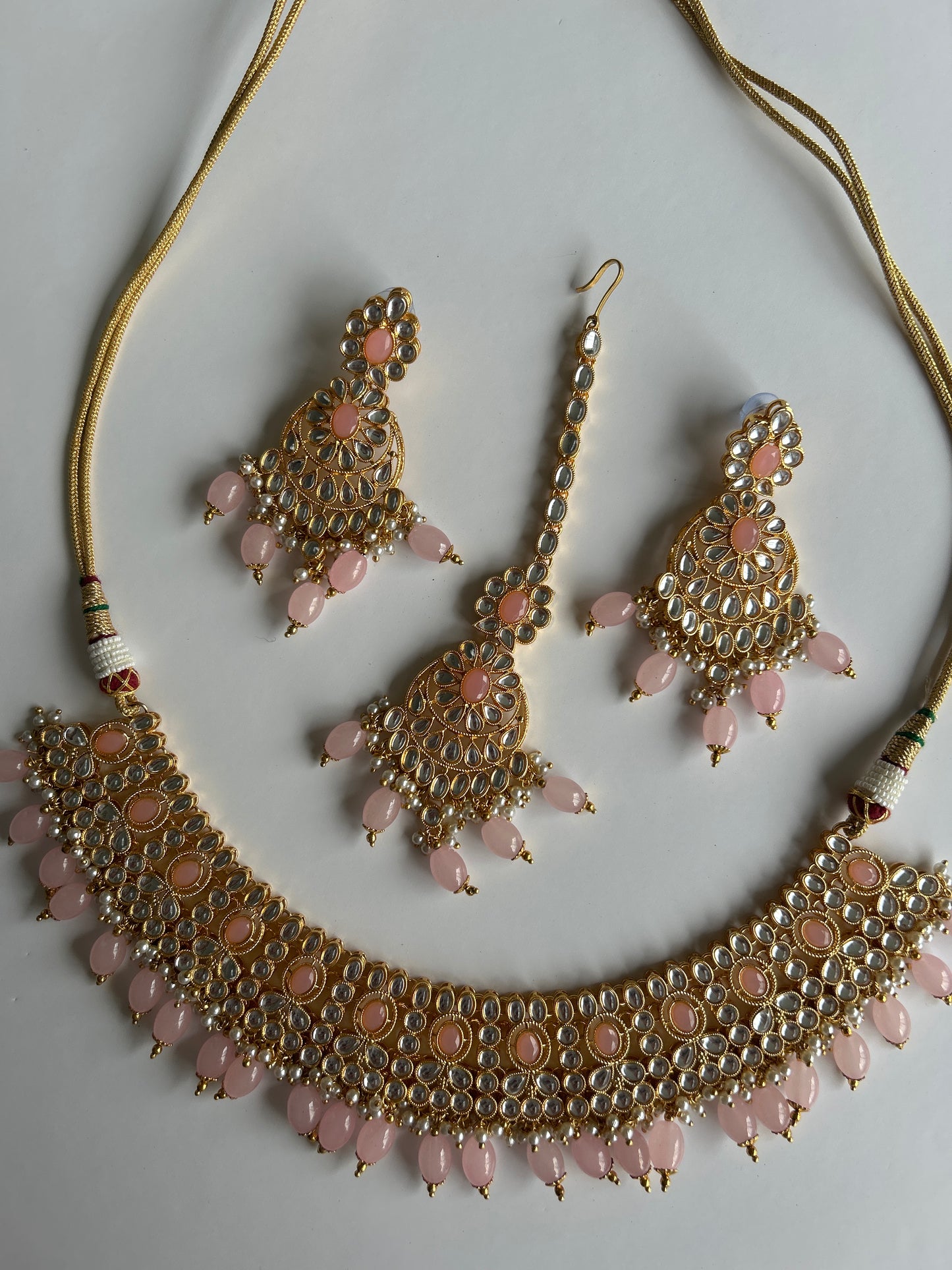 Baby Pink Necklace Earrings Tikka Set